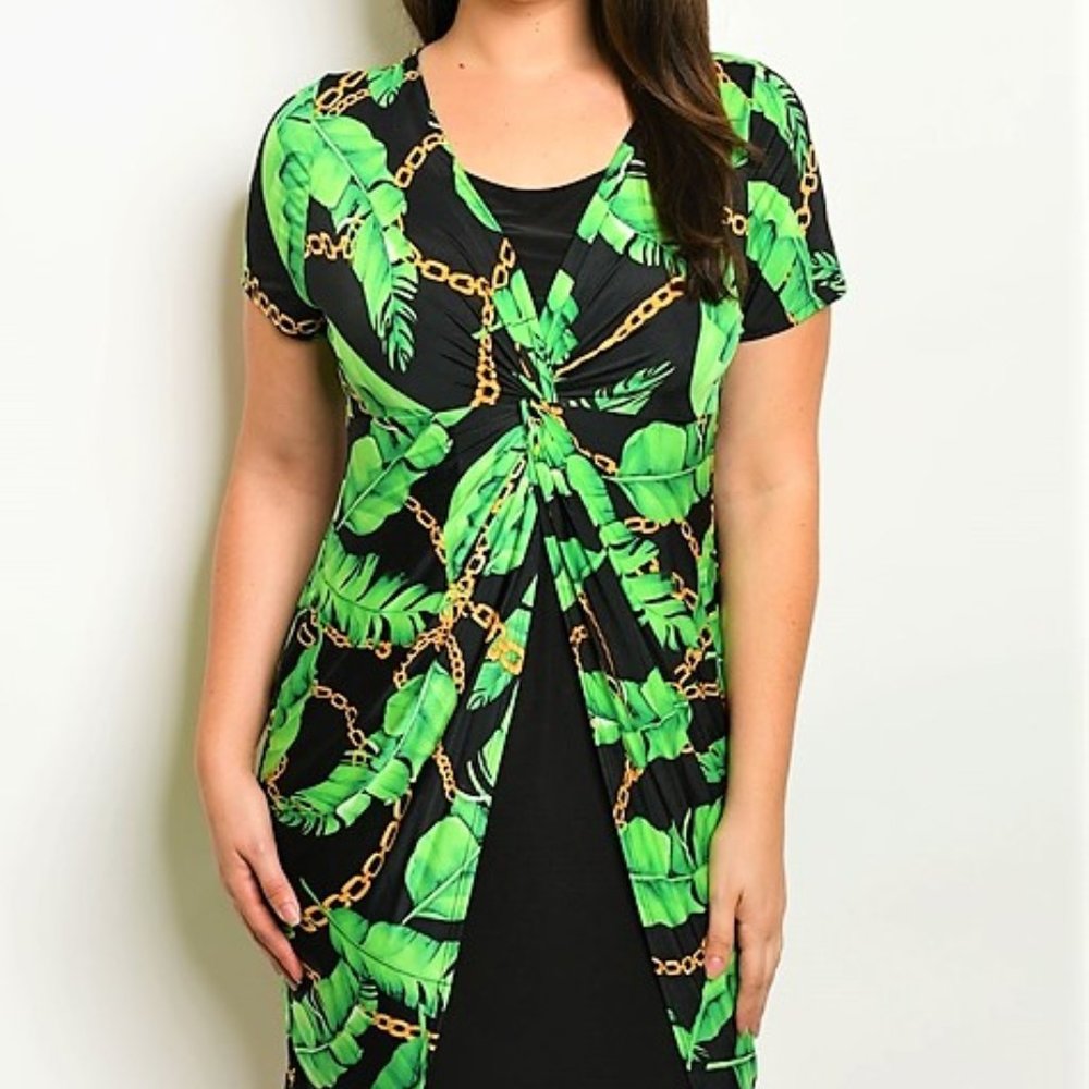 Plus Size Twist Front Leaf Print Knee-Length Dress